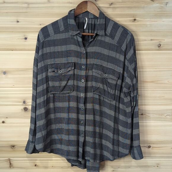 Free People Top Womens XS Gray Striped Button Front Relaxed Blouse - Picture 1 of 10